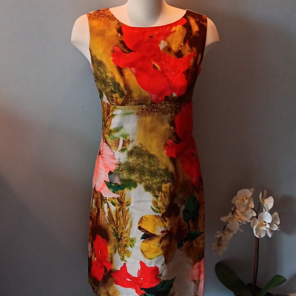 Ecru floral linen sleeveless dress